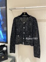 Chanel socialite internet celebrity must buy24B early autumn new series hollowed out hook woven gold and silver dual color sequins with diamond studded buttons wool knitted cardigan for women - Image 5