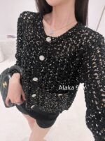 Chanel socialite internet celebrity must buy24B early autumn new series hollowed out hook woven gold and silver dual color sequins with diamond studded buttons wool knitted cardigan for women - Image 14
