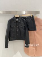 MIUMIU2024 Autumn CollectionRetro Letter Logo Black Collar PU Leather Coat Casual Leather Jacket Women's/Half Skirt Set Half Skirt - Image 6
