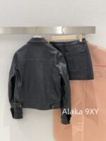 MIUMIU2024 Autumn CollectionRetro Letter Logo Black Collar PU Leather Coat Casual Leather Jacket Women's/Half Skirt Set Half Skirt - Image 9