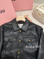 MIUMIU2024 Autumn CollectionRetro Letter Logo Black Collar PU Leather Coat Casual Leather Jacket Women's/Half Skirt Set Half Skirt - Image 10