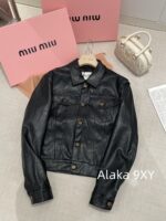 MIUMIU2024 Autumn CollectionRetro Letter Logo Black Collar PU Leather Coat Casual Leather Jacket Women's/Half Skirt Set Half Skirt - Image 11