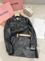 MIUMIU2024 Autumn CollectionRetro Letter Logo Black Collar PU Leather Coat Casual Leather Jacket Women's/Half Skirt Set Half Skirt - Image 12