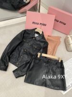MIUMIU2024 Autumn CollectionRetro Letter Logo Black Collar PU Leather Coat Casual Leather Jacket Women's/Half Skirt Set Half Skirt - Image 14