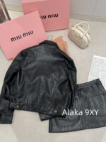 MIUMIU2024 Autumn CollectionRetro Letter Logo Black Collar PU Leather Coat Casual Leather Jacket Women's/Half Skirt Set Half Skirt - Image 18