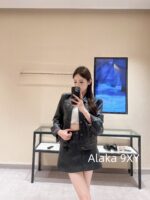MIUMIU2024 Autumn CollectionRetro Letter Logo Black Collar PU Leather Coat Casual Leather Jacket Women's/Half Skirt Set Half Skirt - Image 24
