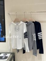 THOM BROWNE 24 Early Autumn New CollectionSuper Comfortable  Lightweight hooded design long sleeved blouse for women. Three color options with classic four bar dog pattern - Image 13