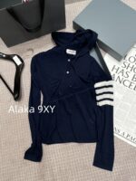 THOM BROWNE 24 Early Autumn New CollectionSuper Comfortable  Lightweight hooded design long sleeved blouse for women. Three color options with classic four bar dog pattern - Image 33
