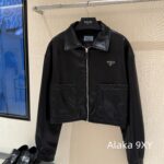 Prada 24 AutumnWinter New Collection  Environmentally friendly protein leather fabric triangle logo nylon lapel jacket top, short skirt set, feminine slimming