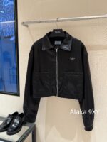 Prada 24 AutumnWinter New Collection  Environmentally friendly protein leather fabric triangle logo nylon lapel jacket top, short skirt set, feminine slimming