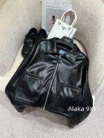 Prada 24 AutumnWinter New Collection  Environmentally friendly protein leather fabric triangle logo nylon lapel jacket top, short skirt set, feminine slimming - Image 6