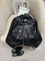 Prada 24 AutumnWinter New Collection  Environmentally friendly protein leather fabric triangle logo nylon lapel jacket top, short skirt set, feminine slimming - Image 10