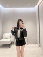 Prada 24 AutumnWinter New Collection  Environmentally friendly protein leather fabric triangle logo nylon lapel jacket top, short skirt set, feminine slimming - Image 16