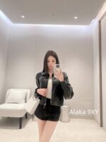 Prada 24 AutumnWinter New Collection  Environmentally friendly protein leather fabric triangle logo nylon lapel jacket top, short skirt set, feminine slimming - Image 19