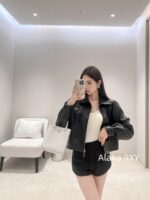 Prada 24 AutumnWinter New Collection  Environmentally friendly protein leather fabric triangle logo nylon lapel jacket top, short skirt set, feminine slimming - Image 21