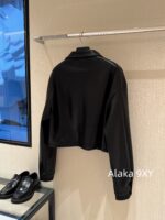 Prada 24 AutumnWinter New Collection  Environmentally friendly protein leather fabric triangle logo nylon lapel jacket top, short skirt set, feminine slimming - Image 23