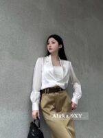 Yves Saint Laurent is super comfortable with a drape and skin friendly acetate fabric Y  2024 Autumn/Winter New Couplet Vneck Acetate Shirt for Women. Available in black and white - Image 7
