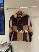 Hermes High Edition H  24 Autumn/Winter New Collection Imported Kashmir Cashmere Fabric Color blocked Grid Zipper Hooded Cloak Coat for Women.