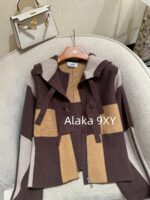 Hermes High Edition H  24 Autumn/Winter New Collection Imported Kashmir Cashmere Fabric Color blocked Grid Zipper Hooded Cloak Coat for Women. - Image 8