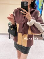 Hermes High Edition H  24 Autumn/Winter New Collection Imported Kashmir Cashmere Fabric Color blocked Grid Zipper Hooded Cloak Coat for Women. - Image 14