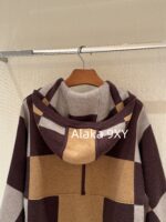 Hermes High Edition H  24 Autumn/Winter New Collection Imported Kashmir Cashmere Fabric Color blocked Grid Zipper Hooded Cloak Coat for Women. - Image 22