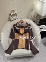 Hermes High Edition H  24 Autumn/Winter New Collection Imported Kashmir Cashmere Fabric Color blocked Grid Zipper Hooded Cloak Coat for Women. - Image 23