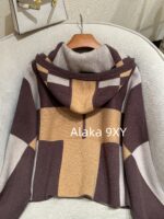 Hermes High Edition H  24 Autumn/Winter New Collection Imported Kashmir Cashmere Fabric Color blocked Grid Zipper Hooded Cloak Coat for Women. - Image 24