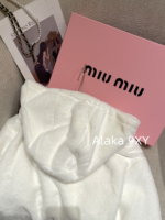 MIUMIU White Rich Beauty Dressing24ss Autumn/Winter New Collection  White environmentally friendly rhinestone letter logo hooded zipper style fur coat for women. - Image 4