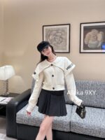 DIOR D  2024SS Autumn/Winter New Collection  Navy Academy Style Girl like Printed Letter Logo Thickened Wool Cloak Short Coat for Women.