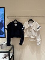 DIOR D  2024SS Autumn/Winter New Collection  Navy Academy Style Girl like Printed Letter Logo Thickened Wool Cloak Short Coat for Women. - Image 6