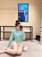 BALMAIN  Super BeautifulBaby Blue Color 2024 Autumn/Winter New Collection B  Heavy industry woven tassel woolen gold buckle knitted jacket for women. - Image 3