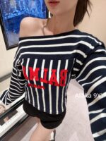 BALMAIN American Hot Girl Dressing24ss Autumn/Winter New Collection Red Embroidered Letter Logo Slanted Shoulder Vertical Stripe Knitted Top for Women. - Image 7