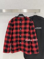 LOUIS VUITTON Wang Jiaer Same Style  2024SS autumn/winter new collection red checkered coarse woolen fabric woven suit jacket. Loose fit for both men and women - Image 14