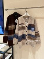 LOEWE  2024SS Autumn/Winter New Collection  Blended Gradient Color blocked Long Hair Mohair Embroidered Logo Knitted Cardigan Coat for Women. - Image 7