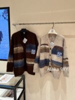 LOEWE  2024SS Autumn/Winter New Collection  Blended Gradient Color blocked Long Hair Mohair Embroidered Logo Knitted Cardigan Coat for Women. - Image 9