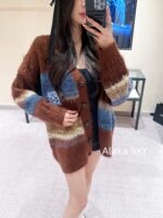 LOEWE  2024SS Autumn/Winter New Collection  Blended Gradient Color blocked Long Hair Mohair Embroidered Logo Knitted Cardigan Coat for Women. - Image 31