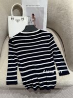 Prada White Rich Beauty Dress EssentialSuper Show Body 2024 Early Autumn New Collection Classic Inverted Triangle Jacquard Letter Logo Round Neck Wool Knitted Seven Sleeve Sweater for Women - Image 5