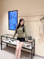 BALMAIN B  2024 AutumnWinter New CollectionRound Neck Premium Matcha Green  Gold buckle pocket knitted cardigan jacket for women - Image 8