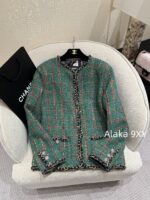 Chanel delivery dust bag  Noble and elegant peacock green woven jacket  High end custom handmade workshop series coarse woolen woven pocket jacket, 100 imported silk lining - Image 18
