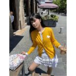 miumiu  2024SS Early Autumn New Collection100 High Quality Cashmere Lemon Yellow Round Neck Jacquard Logo Knitted Cardigan/Short Sleeve Tshirt Women's Cardigan - Image 3