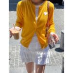miumiu  2024SS Early Autumn New Collection100 High Quality Cashmere Lemon Yellow Round Neck Jacquard Logo Knitted Cardigan/Short Sleeve Tshirt Women's Cardigan - Image 10