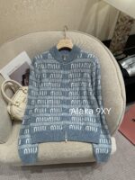 Miumiu  2024SS Early Autumn New CollectionClassic Jacquard Letter Logo Blue Series Half High Neck/Vneck Wool Knitted Cardigan Coat for Women. - Image 20