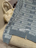 Miumiu  2024SS Early Autumn New CollectionClassic Jacquard Letter Logo Blue Series Half High Neck/Vneck Wool Knitted Cardigan Coat for Women. - Image 21