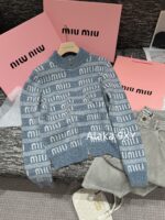 Miumiu  2024SS Early Autumn New CollectionClassic Jacquard Letter Logo Blue Series Half High Neck/Vneck Wool Knitted Cardigan Coat for Women. - Image 26