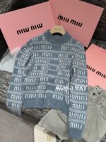 Miumiu  2024SS Early Autumn New CollectionClassic Jacquard Letter Logo Blue Series Half High Neck/Vneck Wool Knitted Cardigan Coat for Women. - Image 27