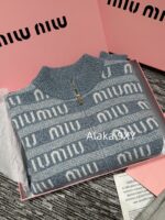 Miumiu  2024SS Early Autumn New CollectionClassic Jacquard Letter Logo Blue Series Half High Neck/Vneck Wool Knitted Cardigan Coat for Women. - Image 30