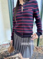 miumiu   2024 SS Early Autumn New CollectionClassic Show Style Color blocked Stripe Embroidered Logo Wool Knitted Cardigan Coat for Women. - Image 7