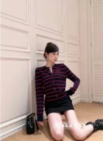 miumiu   2024 SS Early Autumn New CollectionClassic Show Style Color blocked Stripe Embroidered Logo Wool Knitted Cardigan Coat for Women. - Image 8