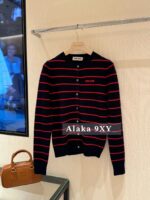 miumiu   2024 SS Early Autumn New CollectionClassic Show Style Color blocked Stripe Embroidered Logo Wool Knitted Cardigan Coat for Women. - Image 11