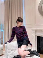 miumiu   2024 SS Early Autumn New CollectionClassic Show Style Color blocked Stripe Embroidered Logo Wool Knitted Cardigan Coat for Women. - Image 13